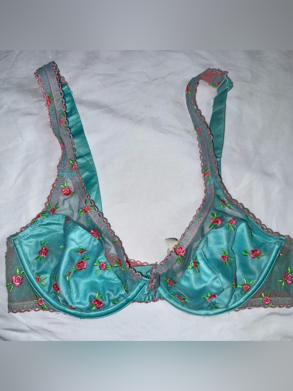 For Love And Lemons Turquoise Bra with Pink Rose Embroidery